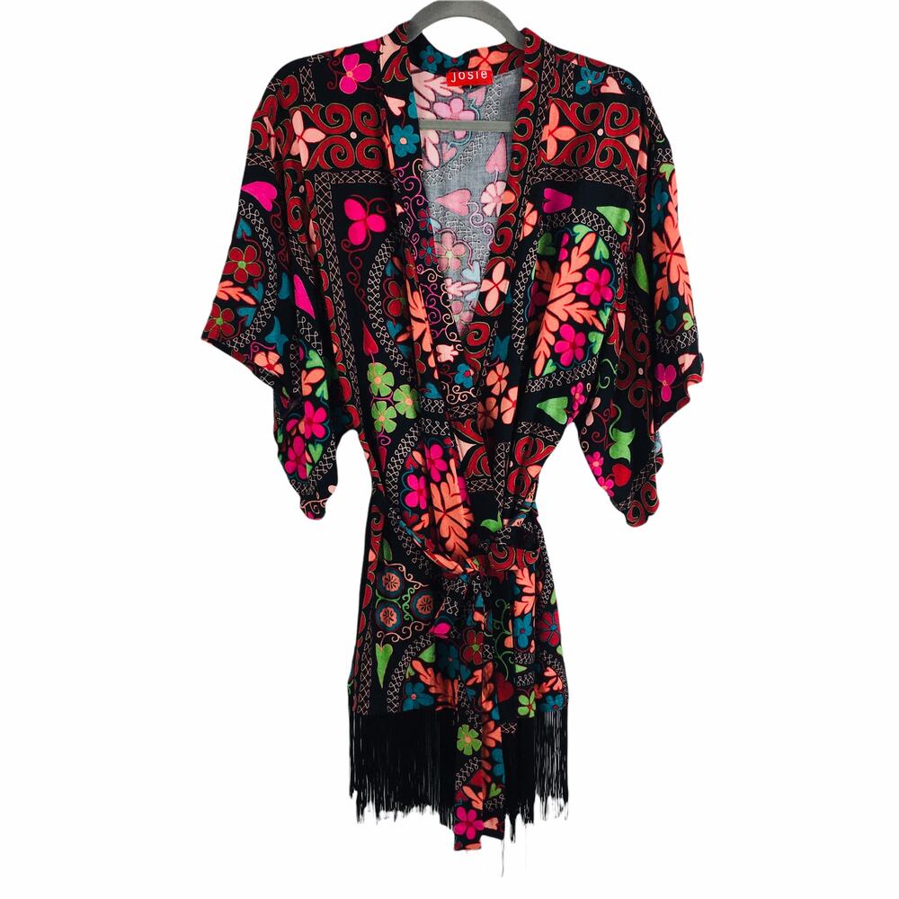 Josie Natori Fringed Floral Kimono Robe Size XS - Picture 4 of 7